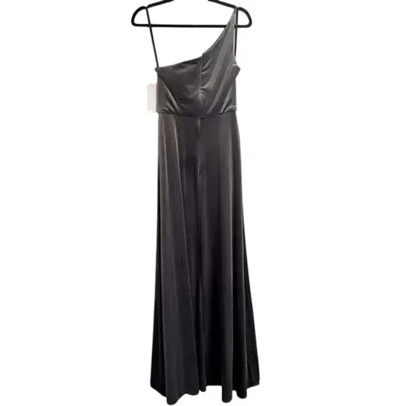 NWT After Six One Shoulder Spaghetti Strap Velvet Maxi Gown Dress 14 Caviar Gray - Picture 14 of 15